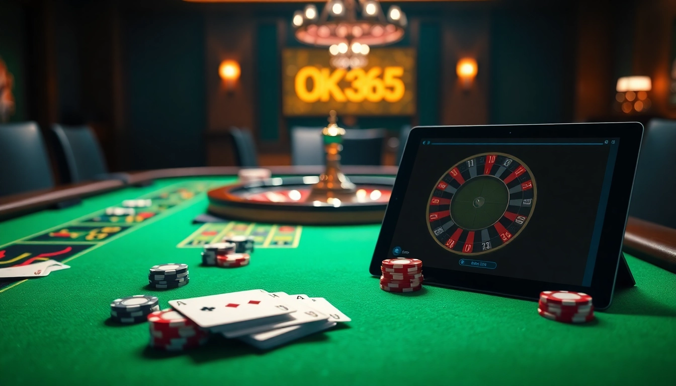 Experience the luxury of online gambling at OK365 with a vibrant casino table, cards, and roulette wheel.