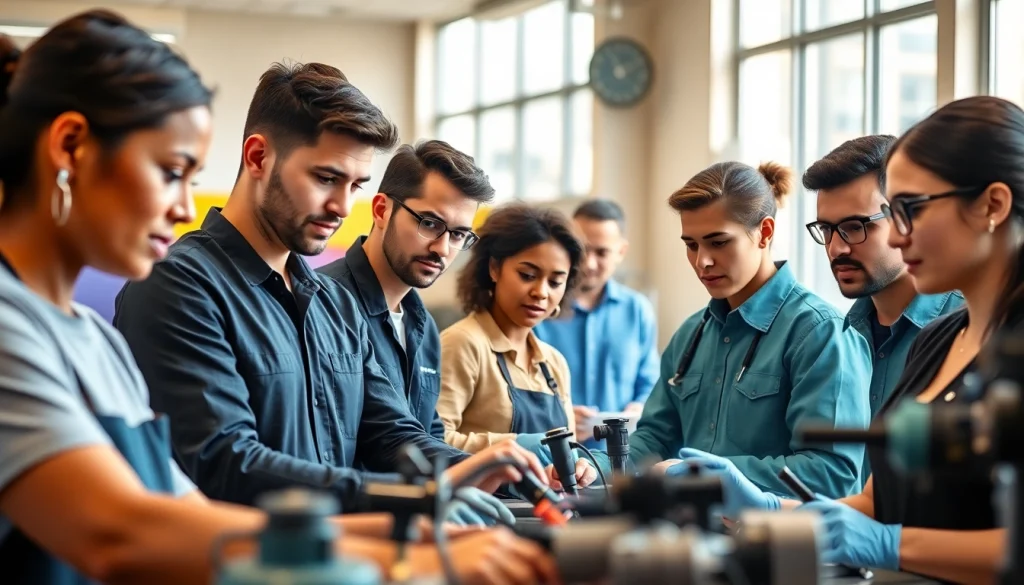 Students actively learning at trade schools in Southern California in a vibrant classroom.