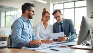 Tax advisor assists clients with IRS tax forms in a bright, professional office setting.