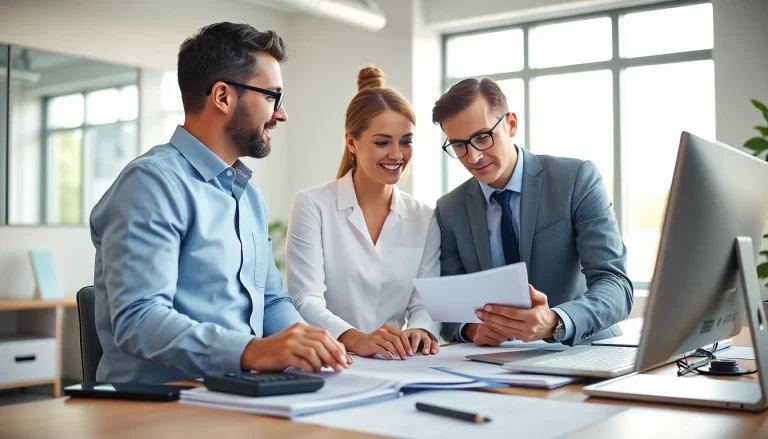 Tax advisor assists clients with IRS tax forms in a bright, professional office setting.