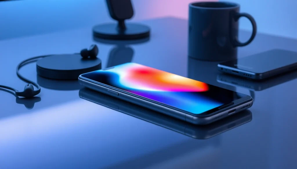 The S8 smartphone displayed on a reflective surface, highlighting its vibrant Infinity Display and modern design elements.