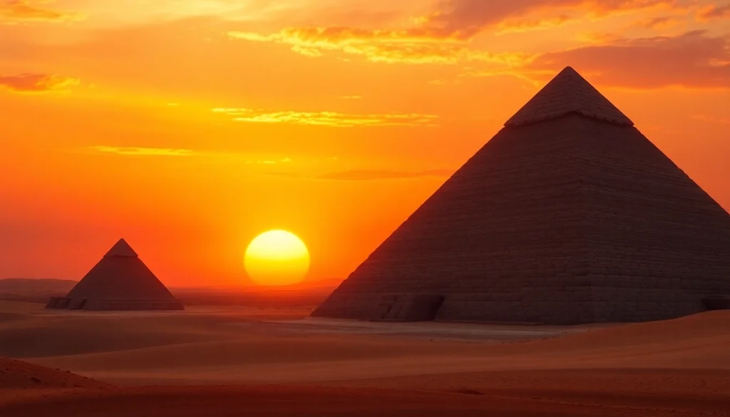 Discover pyraminds and their grandeur against a dramatic sunset, highlighting ancient structures.
