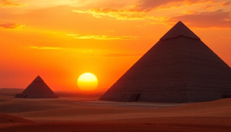 Discover pyraminds and their grandeur against a dramatic sunset, highlighting ancient structures.
