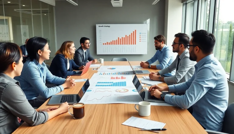 Analyze growth strategy trends with a diverse team in a vibrant brainstorming session.