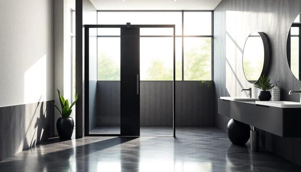 Stylish black shower sliding door in a modern bathroom setting, showcasing elegance and sophistication.