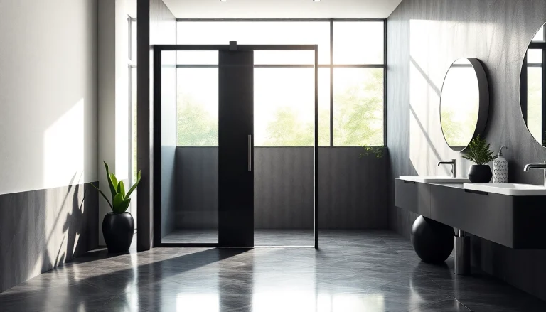 Stylish black shower sliding door in a modern bathroom setting, showcasing elegance and sophistication.