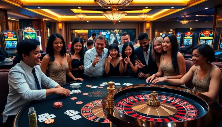 SHBET players enjoying an exciting game at a luxurious casino table with chips and cards.