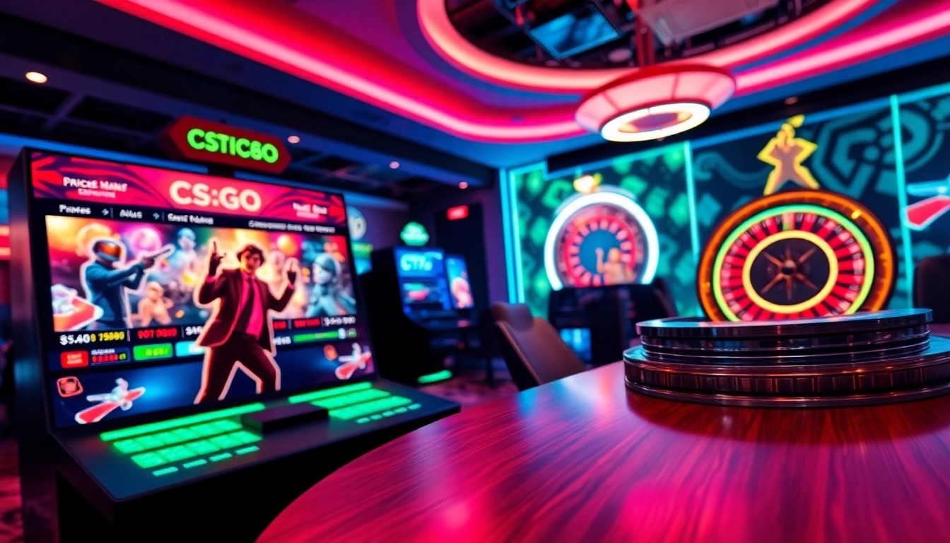 Highlighting the best csgo gambling sites, vibrant gaming environment with animated characters celebrating wins.