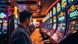 Pemain dengan antusias terlibat di mesin slot dengan tag slot deposit 1000, dikelilingi oleh elemen kasino yang penuh warna.