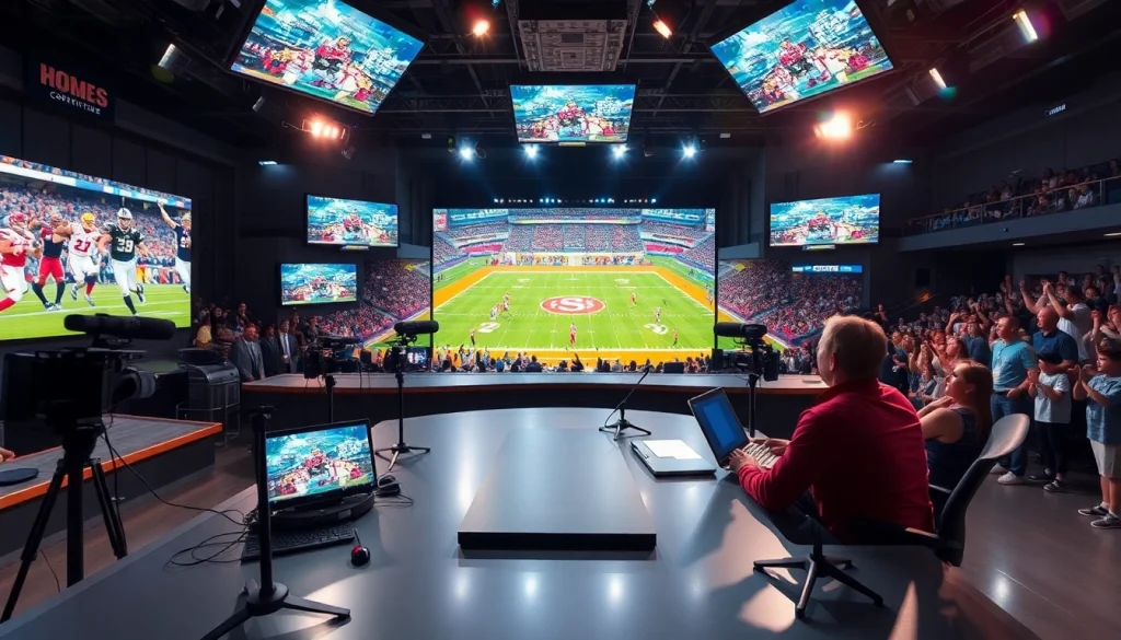 Captivating scene of sports broadcasting with vibrant displays and dynamic setups showcasing live sports coverage.