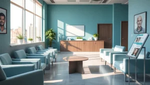 現代的で親しみやすい医療クリニックで、情報豊富なパンフレットを備えた様子。