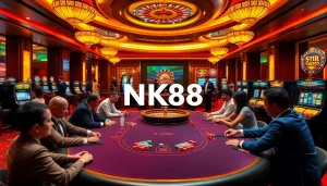 Excited players at a dazzling casino table strategizing around NK88 poker chips.