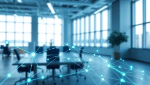 Cirt representing digital networking in a modern office environment with bold colors and a sleek design.