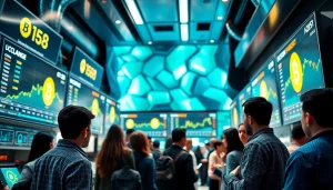 Acheter bitcoin facilement dans un magasin de technologie moderne avec des écrans affichant des prix en direct.