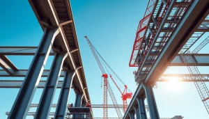 Showcase of steel structure design highlighting cranes and beams in a construction site setting.