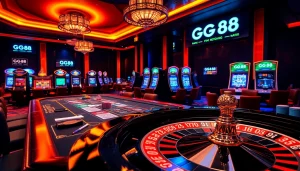 Thrilling GG88 casino scene featuring poker chips, cards, and a roulette wheel.