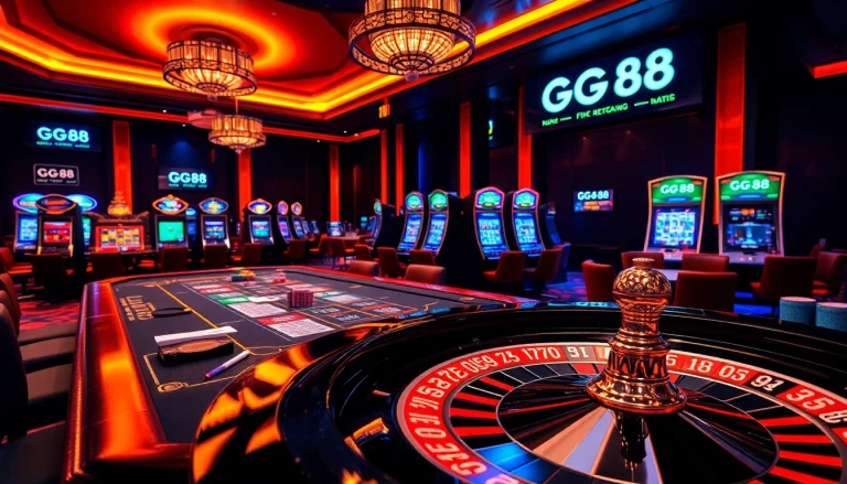Thrilling GG88 casino scene featuring poker chips, cards, and a roulette wheel.