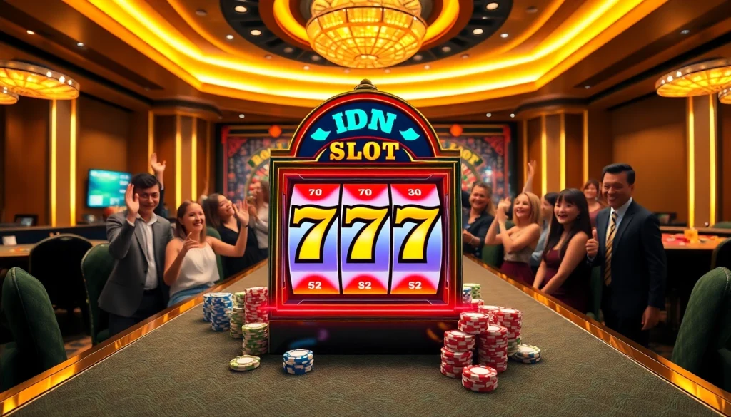 Experience the thrill of IDN Slot 777 with vibrant slot machines and joyful players.