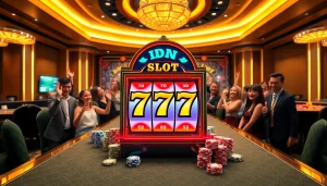 Experience the thrill of IDN Slot 777 with vibrant slot machines and joyful players.