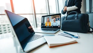 Business professional preparing for a 출장 with modern office elements.