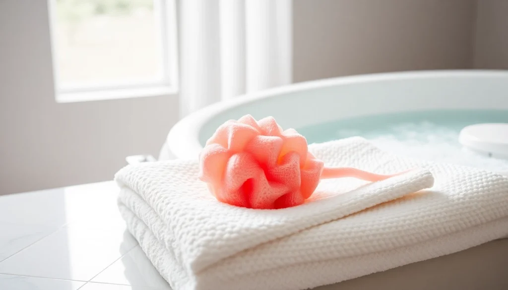 Showcasing the best silicone loofah on a soft towel near a bubbling bathtub.