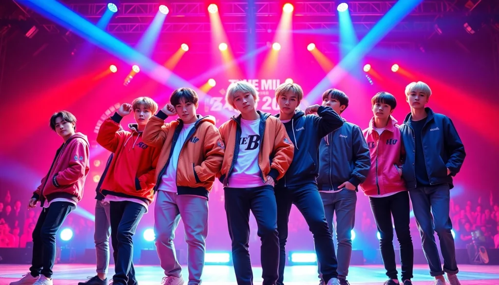 BTS members performing together in a vibrant concert setting filled with energy and excitement.