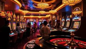 Experience luxury at Haywin casino with players enjoying vibrant slot games and poker tables.