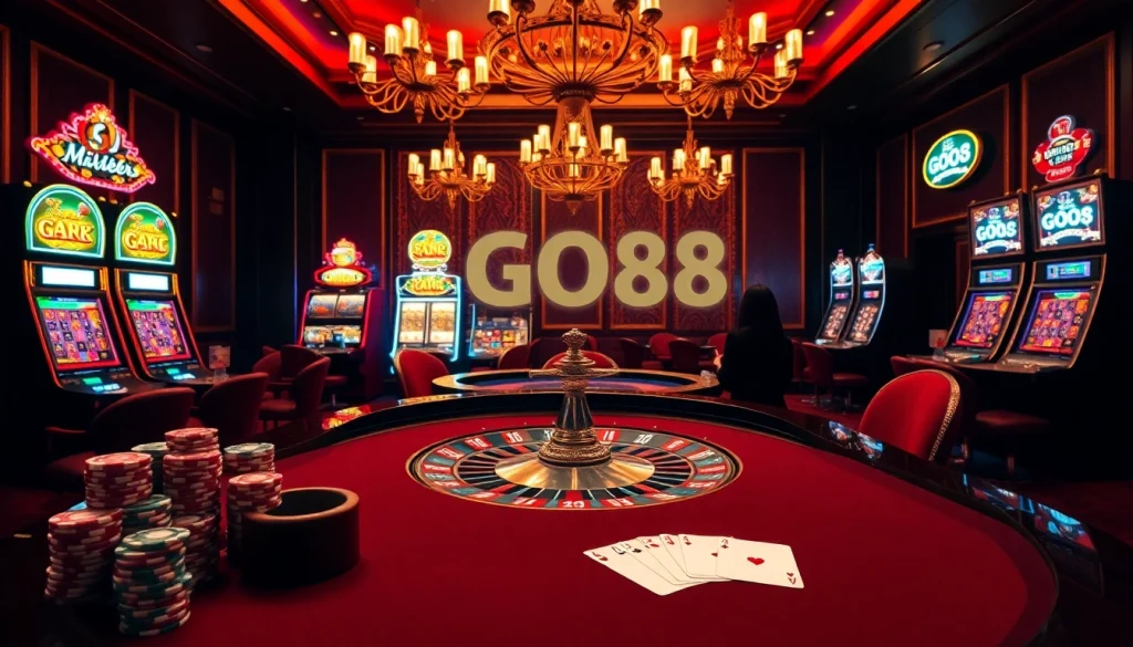 Players engage at a luxurious casino roulette table featuring GO8-themed decor and vibrant slot machines.
