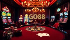 Players engage at a luxurious casino roulette table featuring GO8-themed decor and vibrant slot machines.
