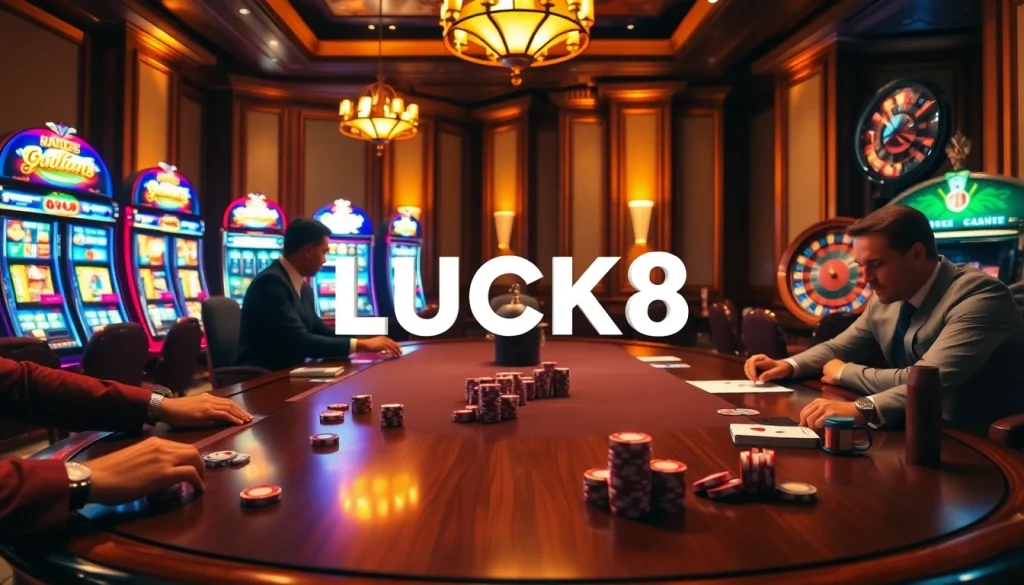 Cảm nhận sự phấn khích tại sòng bạc LUCK8 khi người chơi tham gia Poker, chip poker và bánh xe roulette quay.