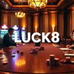 Cảm nhận sự phấn khích tại sòng bạc LUCK8 khi người chơi tham gia Poker, chip poker và bánh xe roulette quay.