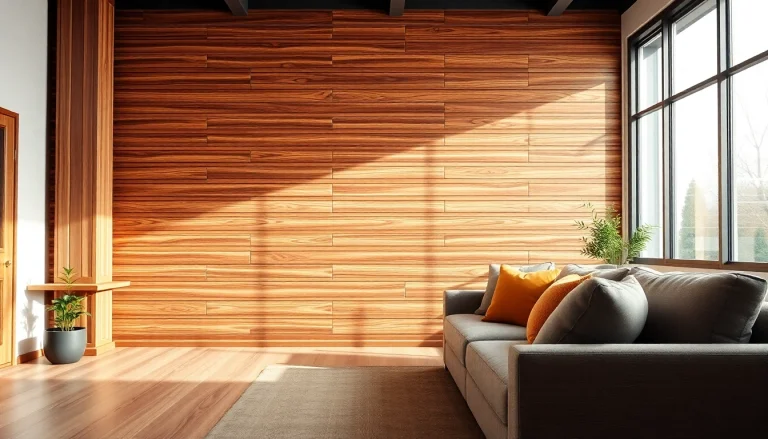 Elegant wood slat wall enhances modern living room ambiance with inviting design features.