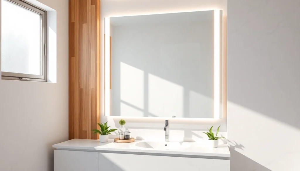 Admire the glowing elegant bathroom mirror framing a modern bathroom setting.