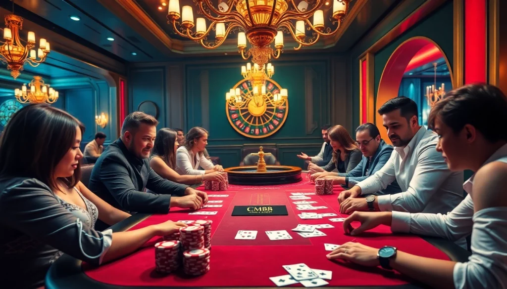 Engage with thrilling poker action at a luxurious casino table featuring CM88-themed chips and cards.