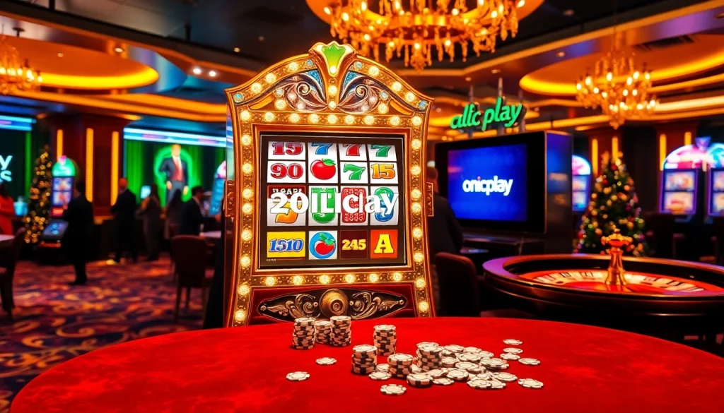 Experience thrilling wins at Onicplay's vibrant slot machines in a luxurious casino atmosphere.