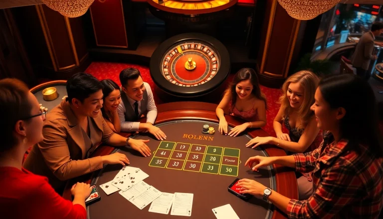Experience רמי אונליין through an engaging casino scene featuring vibrant games and cheerful players.