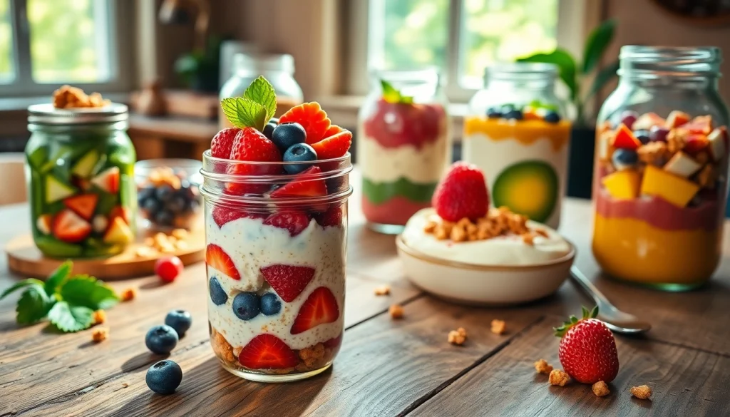 Vibrant breakfast options at https://masonjarbreakfast.com in mason jars, highlighting healthy ingredients.