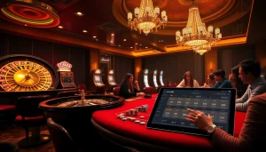 Engaging Man88 players at a lavish casino table, showcasing thrilling betting action.