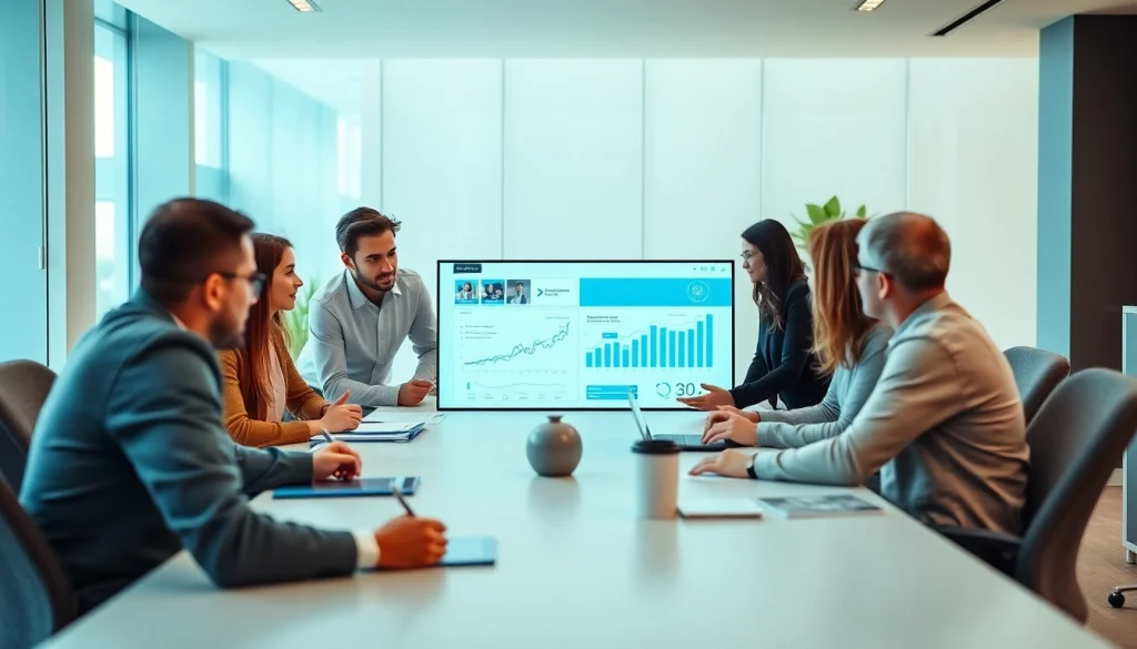 Analyze growth strategy trends with a dynamic business team in a modern office setting.