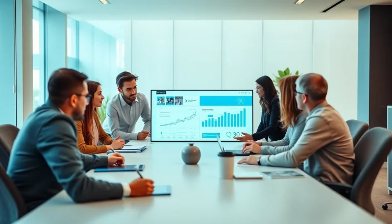 Analyze growth strategy trends with a dynamic business team in a modern office setting.