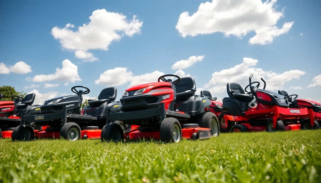 Zero turn mowers for sale displayed in a sunny outdoor setting.