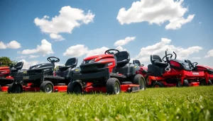 Zero turn mowers for sale displayed in a sunny outdoor setting.