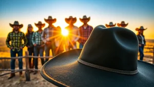 Individuals showcasing stylish Cowboy Hats on a sunlit hill at sunset.