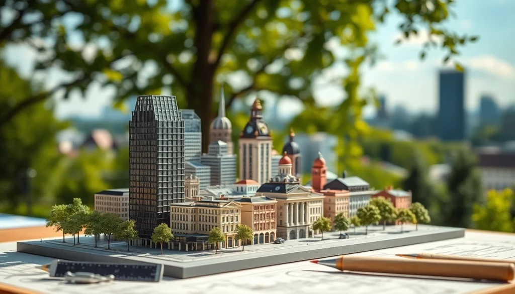 Modell von architekturmodellbau Stuttgart mit detaillierter Skyline und grünen Akzenten.