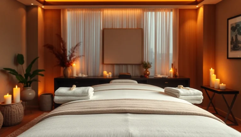 Relaxing 출장안마 spa setup with cozy massage table, oils, and calming decor.