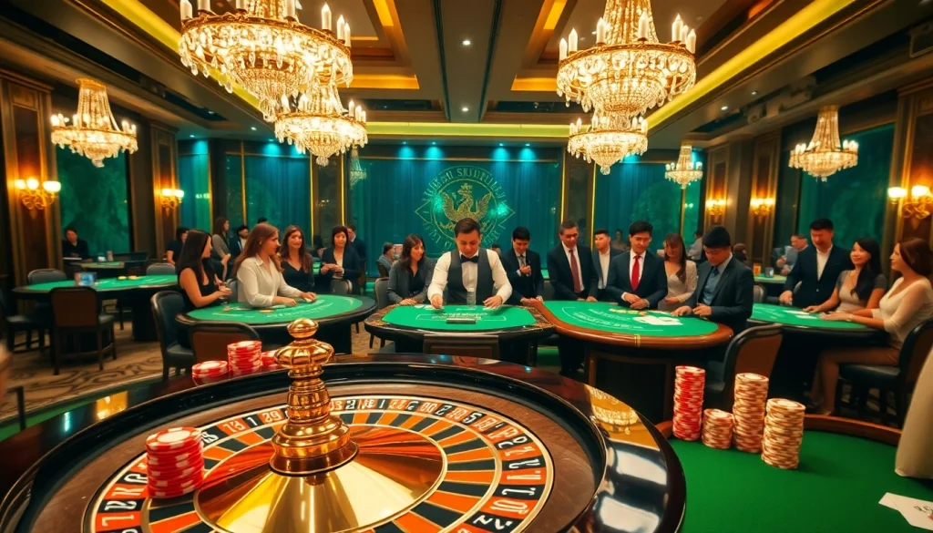 Experience the thrill of RR88 at a luxurious casino, featuring tables, roulette wheel, and excited players.