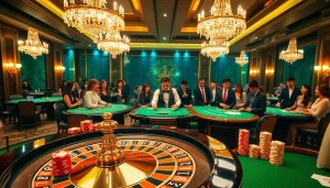 Experience the thrill of RR88 at a luxurious casino, featuring tables, roulette wheel, and excited players.