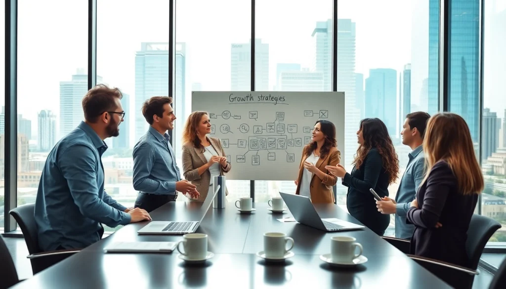 Team collaborating on business growth insights in a modern office environment.