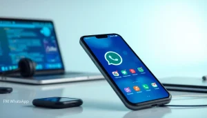 FM WhatsApp download showcased on a smartphone with vibrant themes and customization, set in a modern tech workspace.