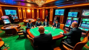 Experience an engaging i9bet casino scene with players at a poker table amid vibrant games.